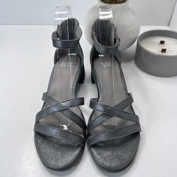 Eileen Fisher Noni Block Heel Leather Sandal Metallic Gray Women 7 NWOB - Picture 5 of 10